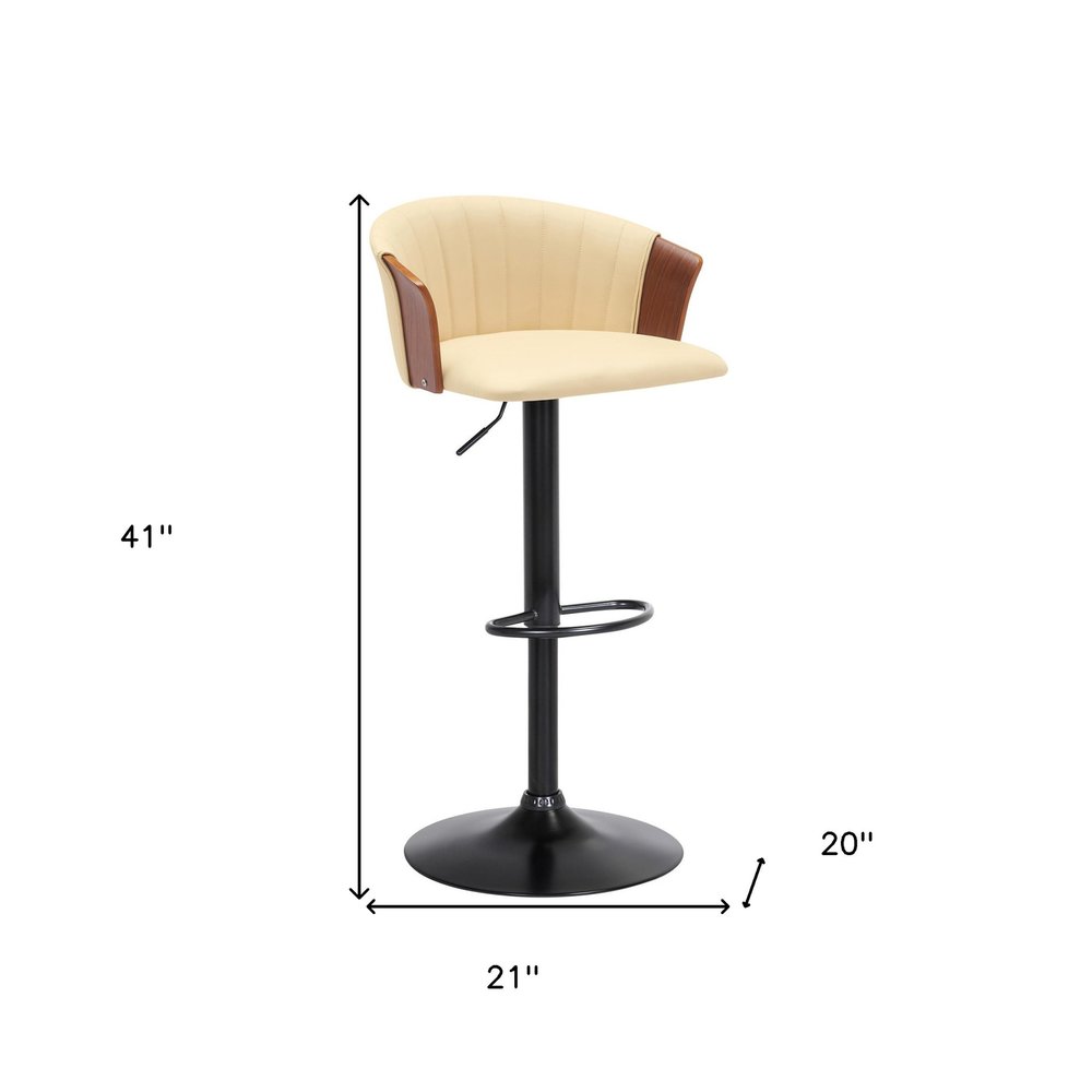 Cream And Black Faux Leather And Fabric And Metal Adjustable Height Swivel Bar Chair HomeRoots