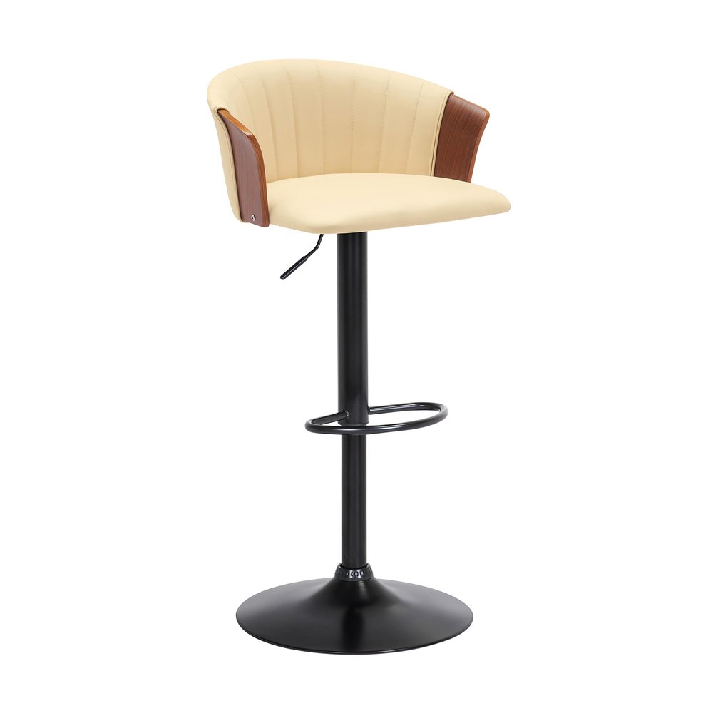 Cream And Black Faux Leather And Fabric And Metal Adjustable Height Swivel Bar Chair HomeRoots