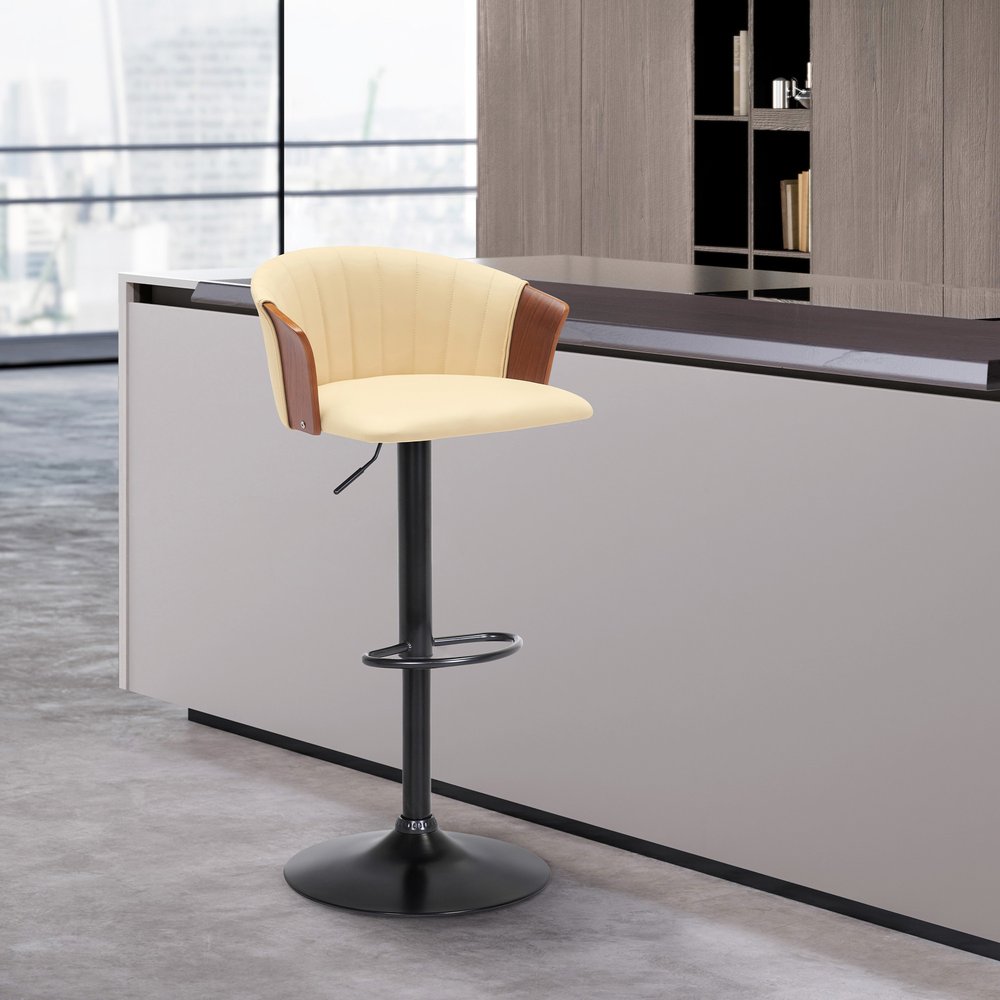 Cream And Black Faux Leather And Fabric And Metal Adjustable Height Swivel Bar Chair HomeRoots