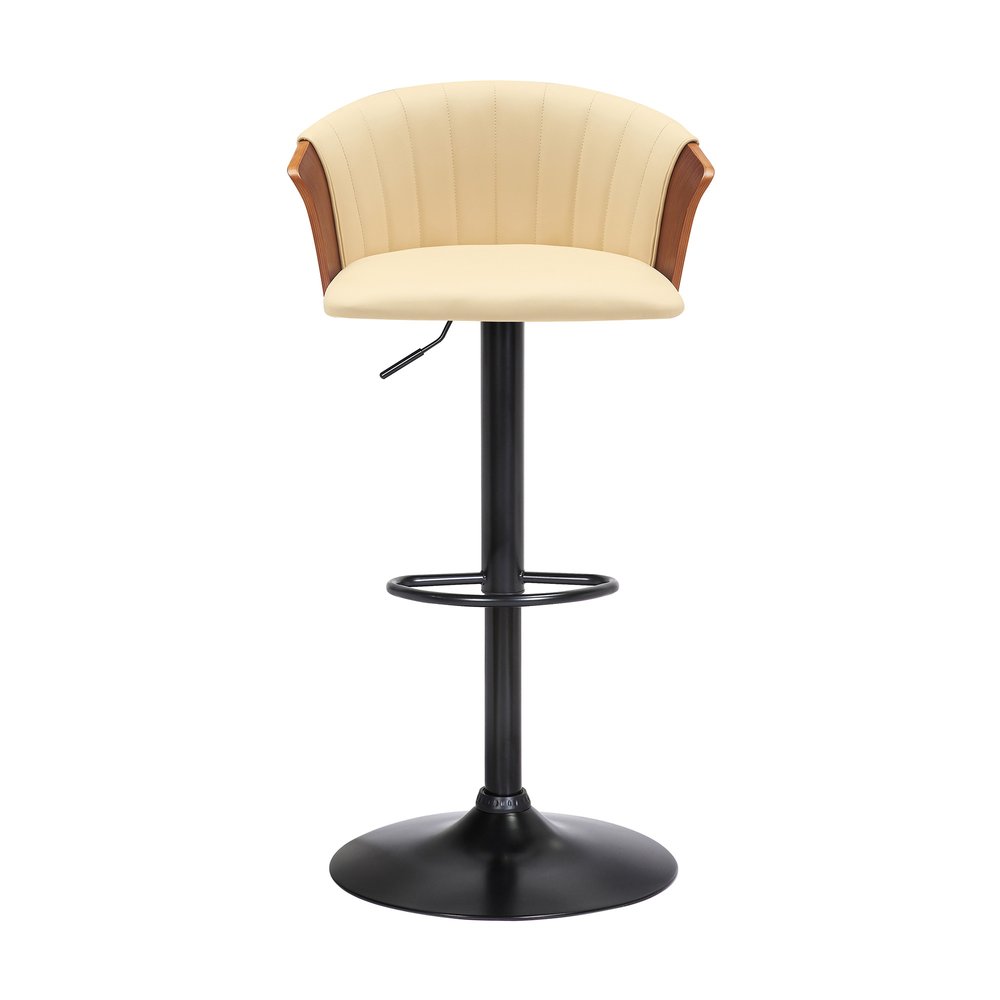 Cream And Black Faux Leather And Fabric And Metal Adjustable Height Swivel Bar Chair HomeRoots