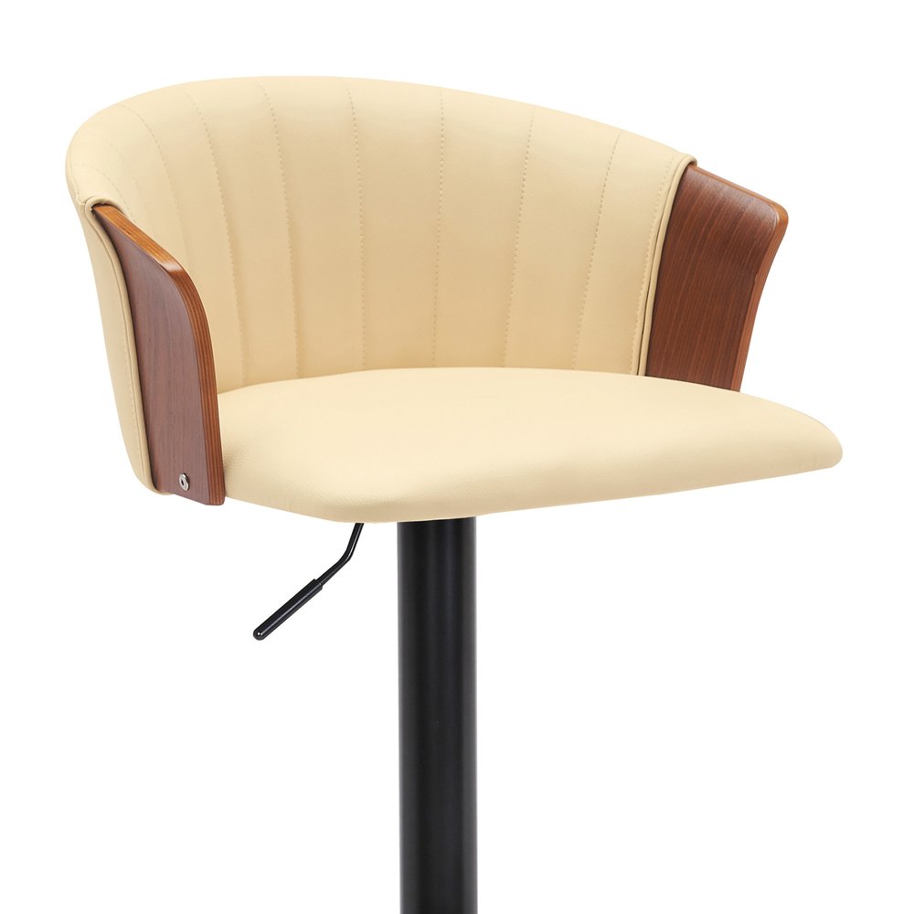 Cream And Black Faux Leather And Fabric And Metal Adjustable Height Swivel Bar Chair HomeRoots