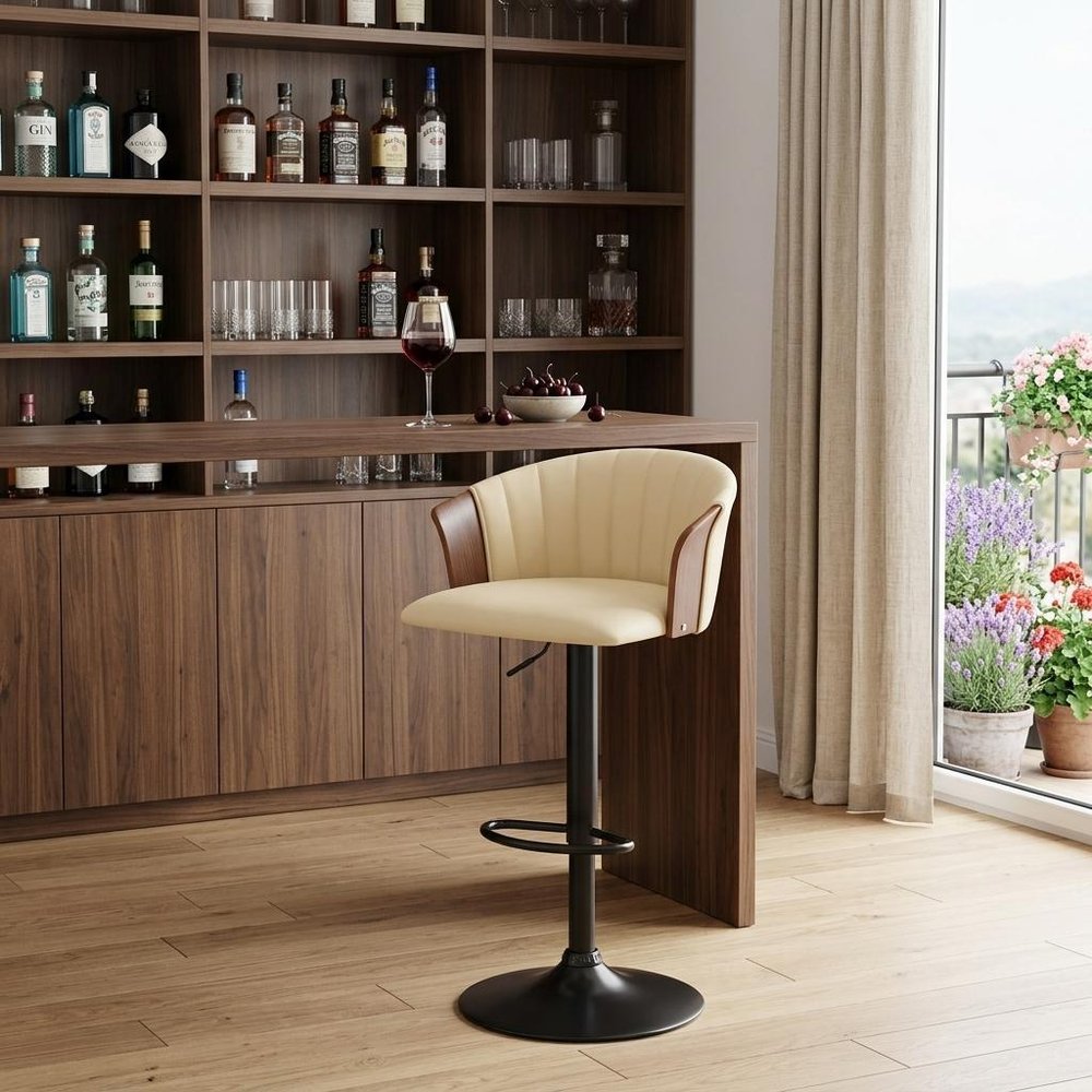 Cream And Black Faux Leather And Fabric And Metal Adjustable Height Swivel Bar Chair HomeRoots