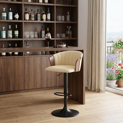 Cream And Black Faux Leather And Fabric And Metal Adjustable Height Swivel Bar Chair HomeRoots
