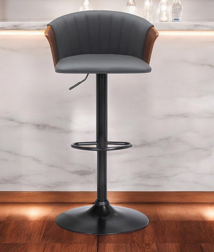 Gray And Black Faux Leather And Fabric And Metal Adjustable Height Swivel Bar Chair HomeRoots