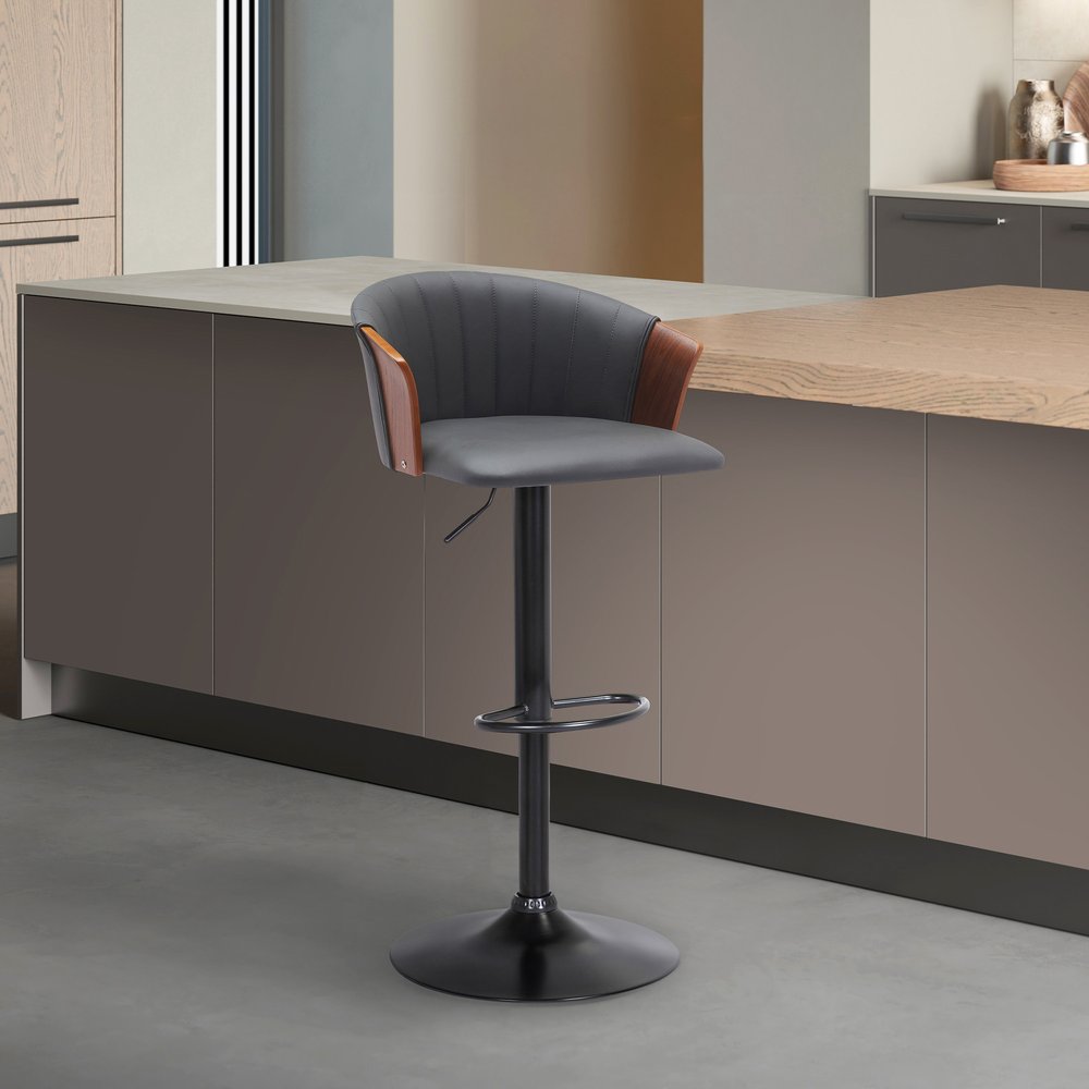 Gray And Black Faux Leather And Fabric And Metal Adjustable Height Swivel Bar Chair HomeRoots