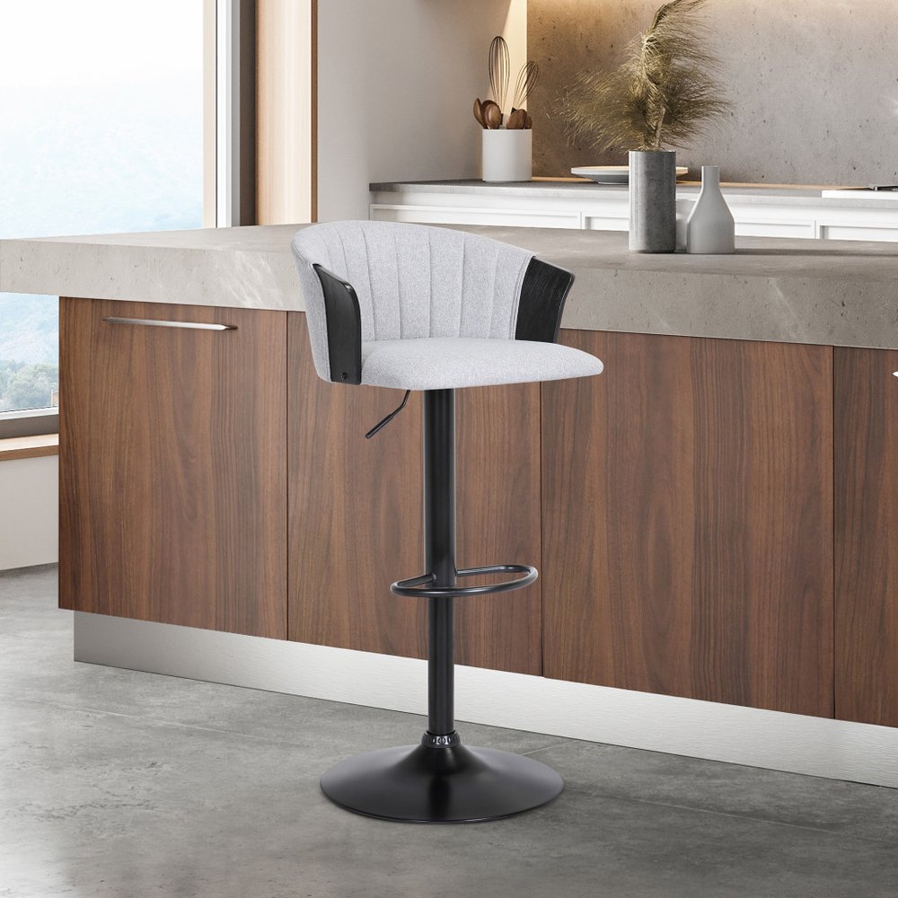 Light Gray And Black Fabric And Metal Adjustable Height Swivel Bar Chair HomeRoots