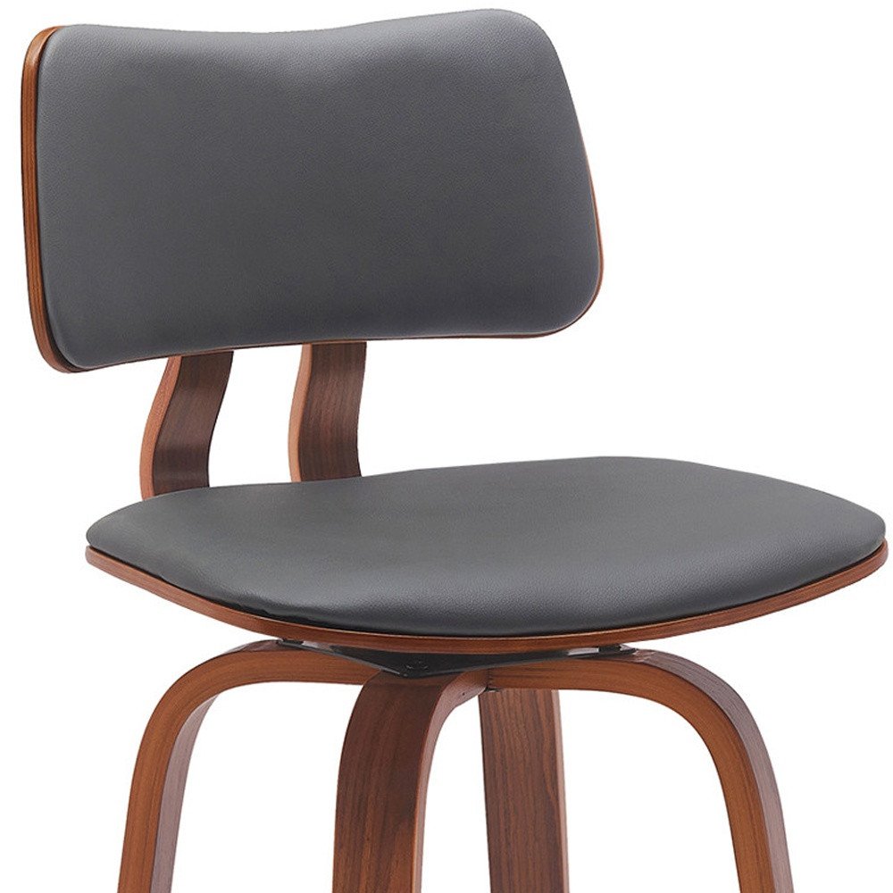 26" Gray And Brown Faux Leather And Fabric And Wood Low Back Counter Height Swivel Bar Chair HomeRoots