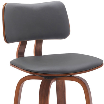 26" Gray And Brown Faux Leather And Fabric And Wood Low Back Counter Height Swivel Bar Chair HomeRoots