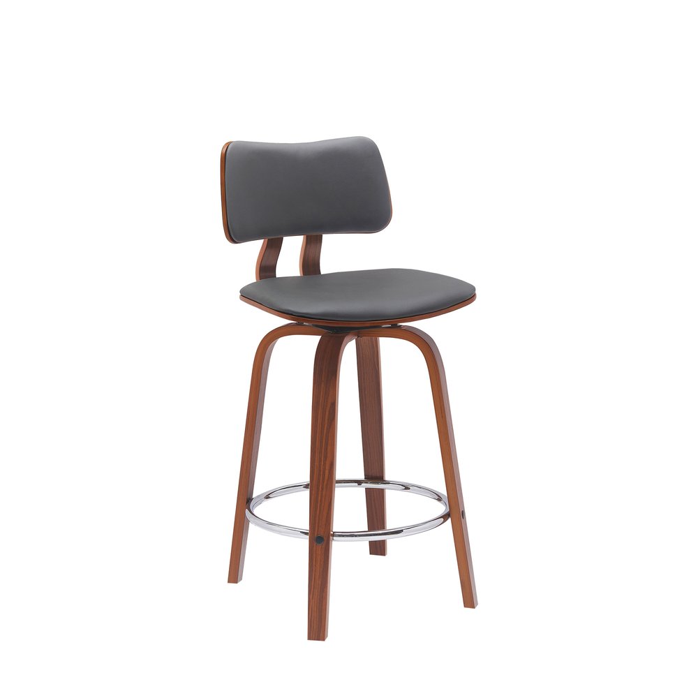 26" Gray And Brown Faux Leather And Fabric And Wood Low Back Counter Height Swivel Bar Chair HomeRoots