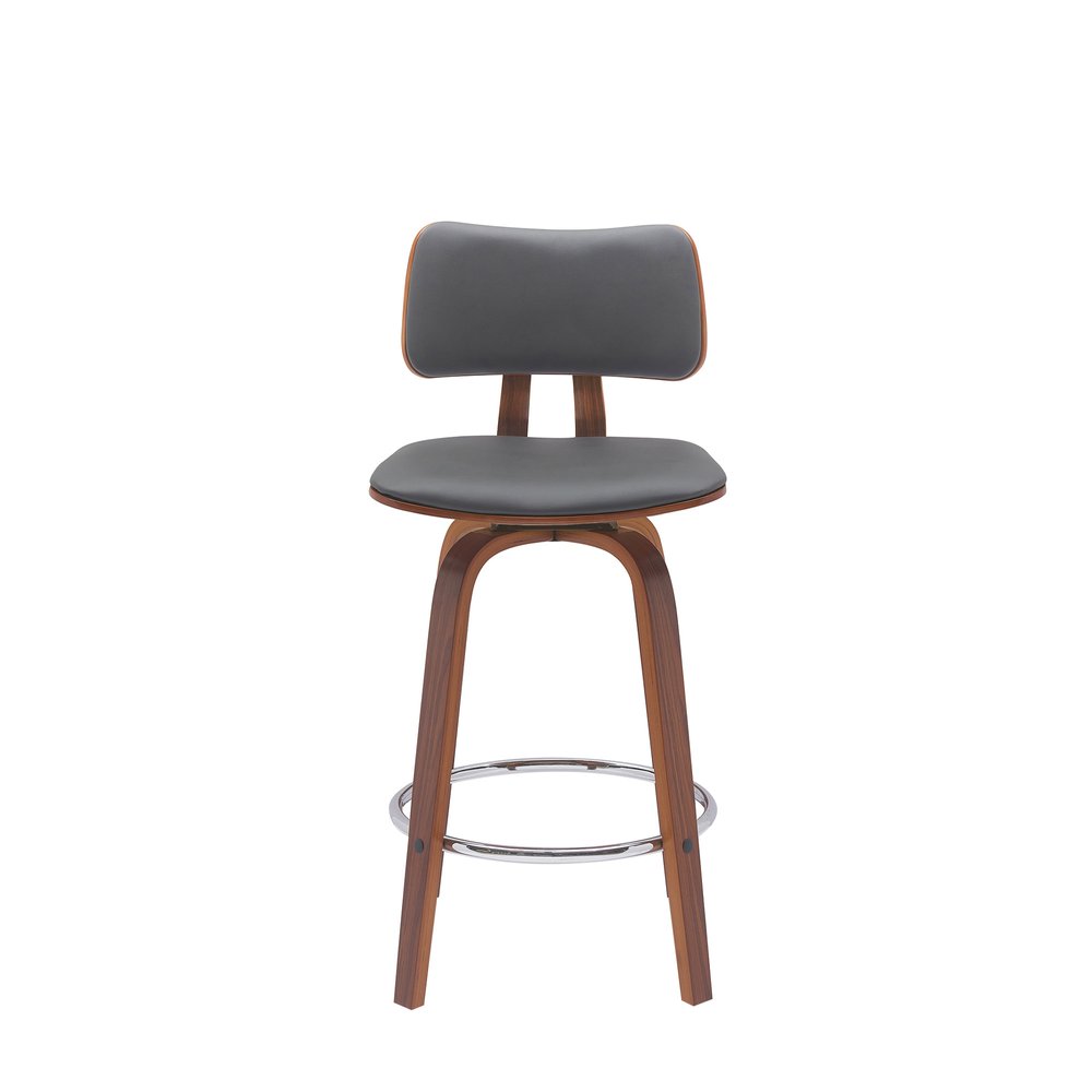 26" Gray And Brown Faux Leather And Fabric And Wood Low Back Counter Height Swivel Bar Chair HomeRoots
