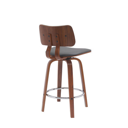 26" Gray And Brown Faux Leather And Fabric And Wood Low Back Counter Height Swivel Bar Chair HomeRoots