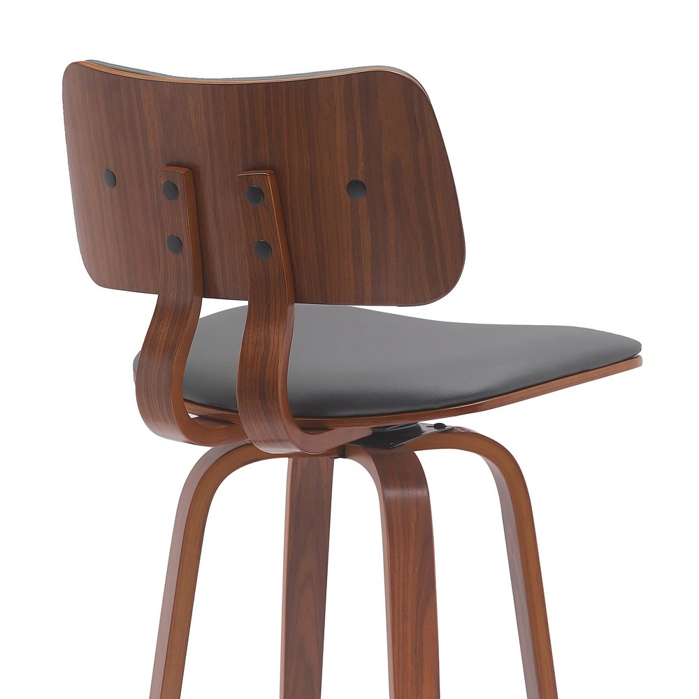 26" Gray And Brown Faux Leather And Fabric And Wood Low Back Counter Height Swivel Bar Chair HomeRoots