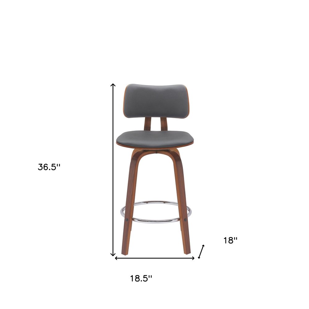 26" Gray And Brown Faux Leather And Fabric And Wood Low Back Counter Height Swivel Bar Chair HomeRoots