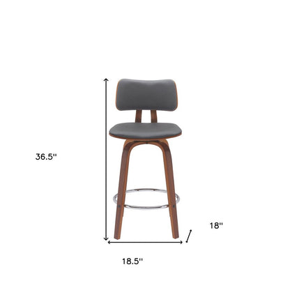 26" Gray And Brown Faux Leather And Fabric And Wood Low Back Counter Height Swivel Bar Chair HomeRoots