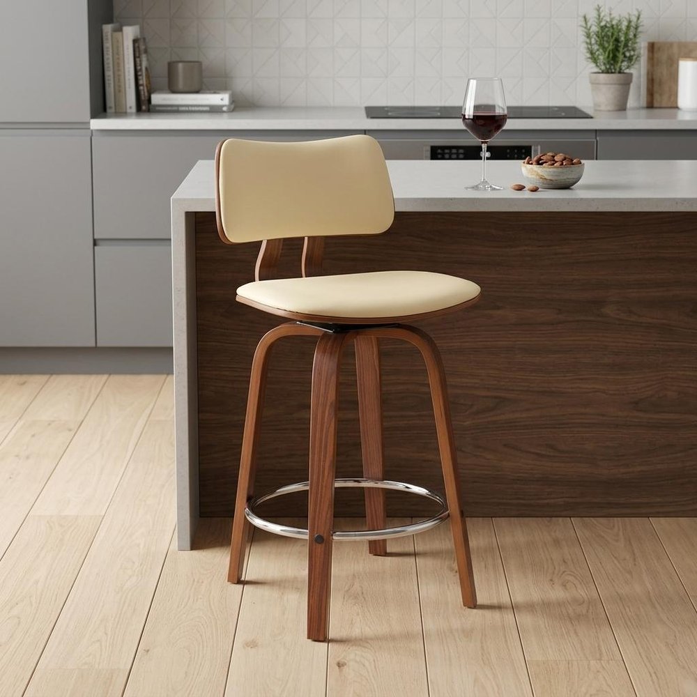 26" Cream And Brown Faux Leather And Fabric And Wood Low Back Counter Height Swivel Bar Chair HomeRoots