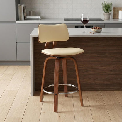 26" Cream And Brown Faux Leather And Fabric And Wood Low Back Counter Height Swivel Bar Chair HomeRoots