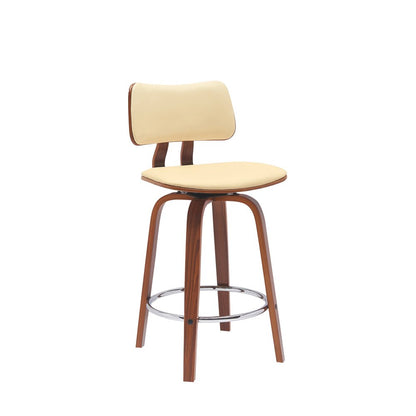 26" Cream And Brown Faux Leather And Fabric And Wood Low Back Counter Height Swivel Bar Chair HomeRoots