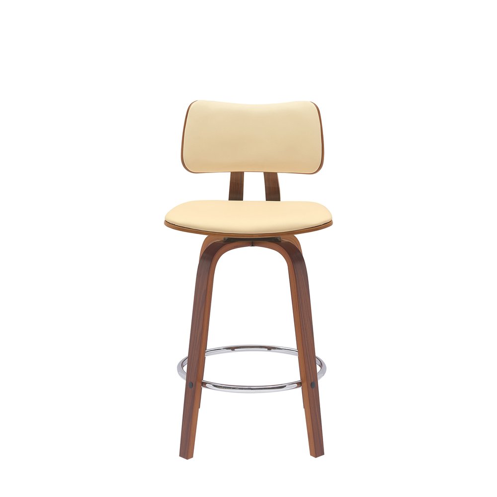 26" Cream And Brown Faux Leather And Fabric And Wood Low Back Counter Height Swivel Bar Chair HomeRoots