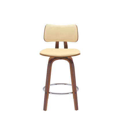 26" Cream And Brown Faux Leather And Fabric And Wood Low Back Counter Height Swivel Bar Chair HomeRoots