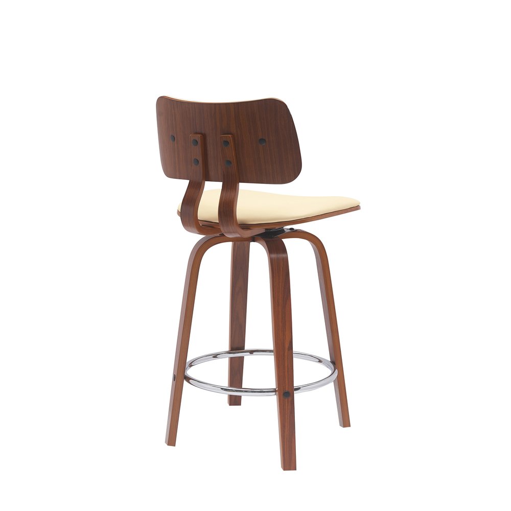 26" Cream And Brown Faux Leather And Fabric And Wood Low Back Counter Height Swivel Bar Chair HomeRoots