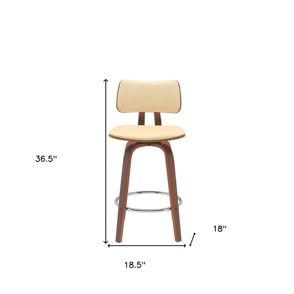 26" Cream And Brown Faux Leather And Fabric And Wood Low Back Counter Height Swivel Bar Chair HomeRoots