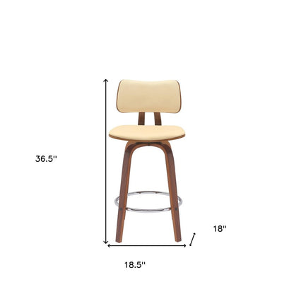 26" Cream And Brown Faux Leather And Fabric And Wood Low Back Counter Height Swivel Bar Chair HomeRoots