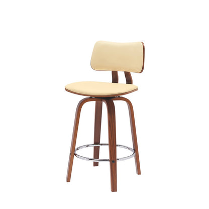 26" Cream And Brown Faux Leather And Fabric And Wood Low Back Counter Height Swivel Bar Chair HomeRoots