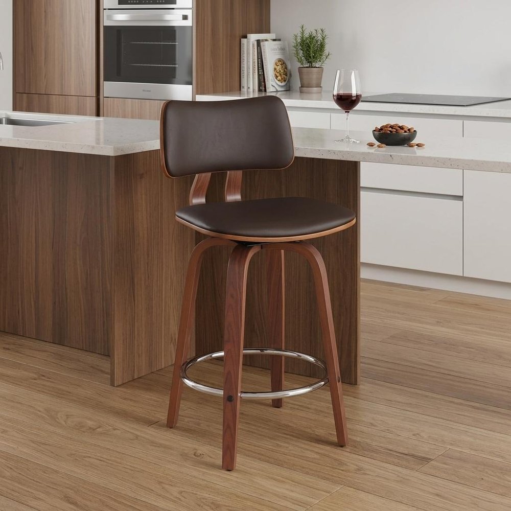 26" Brown Faux Leather And Fabric And Wood Low Back Counter Height Swivel Bar Chair HomeRoots