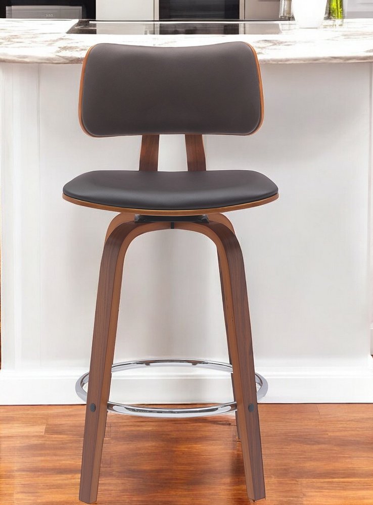 26" Brown Faux Leather And Fabric And Wood Low Back Counter Height Swivel Bar Chair HomeRoots