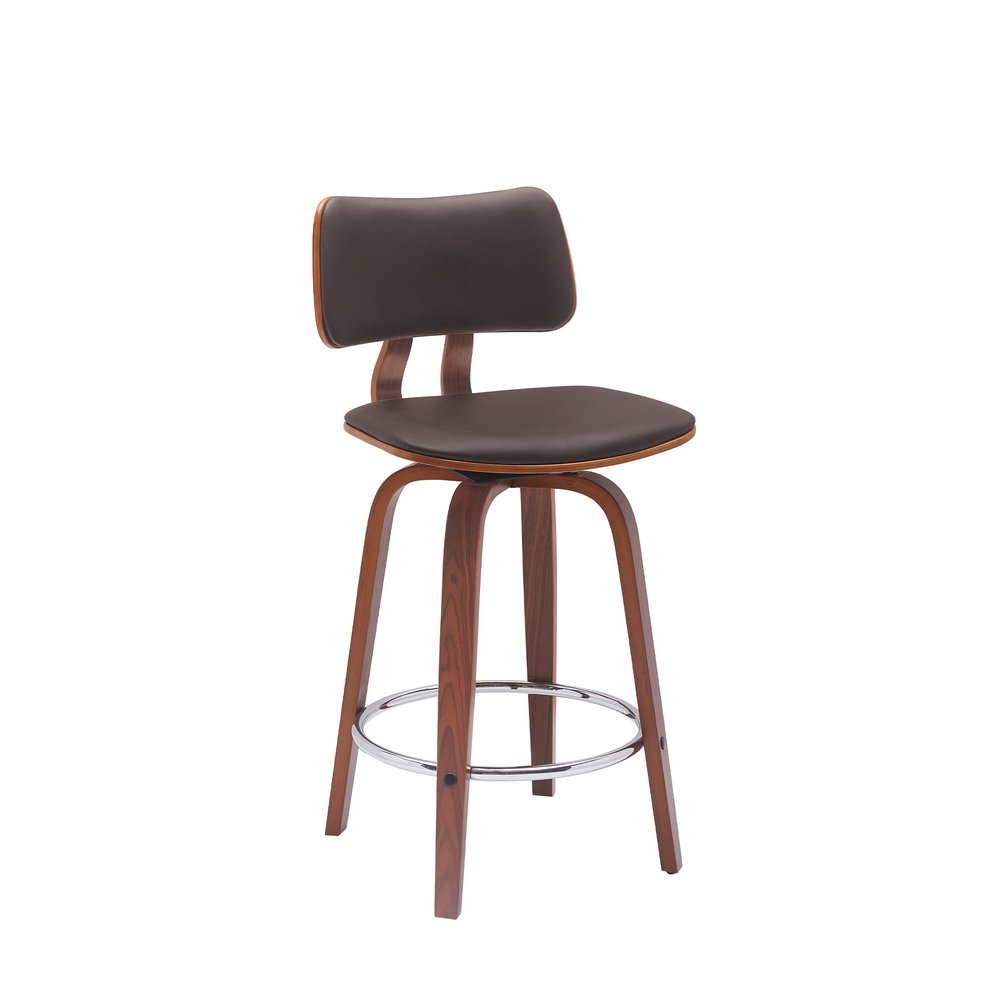 26" Brown Faux Leather And Fabric And Wood Low Back Counter Height Swivel Bar Chair HomeRoots