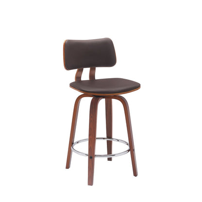 26" Brown Faux Leather And Fabric And Wood Low Back Counter Height Swivel Bar Chair HomeRoots