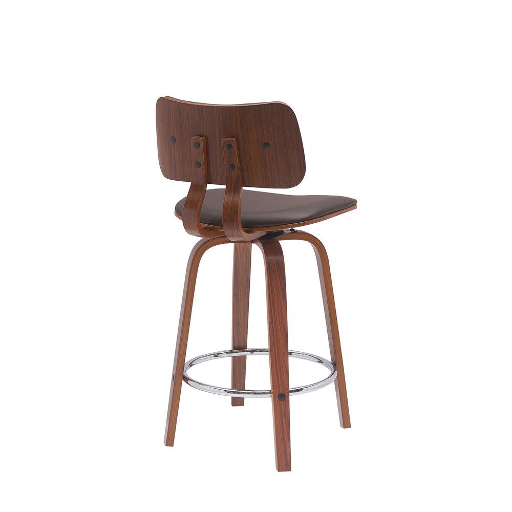 26" Brown Faux Leather And Fabric And Wood Low Back Counter Height Swivel Bar Chair HomeRoots