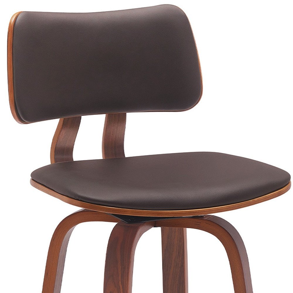 26" Brown Faux Leather And Fabric And Wood Low Back Counter Height Swivel Bar Chair HomeRoots