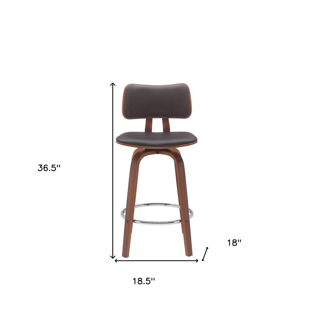 26" Brown Faux Leather And Fabric And Wood Low Back Counter Height Swivel Bar Chair HomeRoots