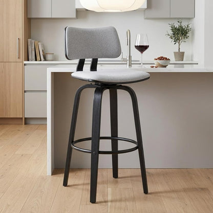 26" Light Gray And Black Fabric And Wood Low Back Counter Height Swivel Bar Chair HomeRoots