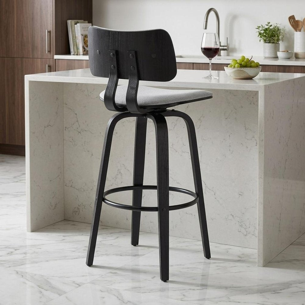 26" Light Gray And Black Fabric And Wood Low Back Counter Height Swivel Bar Chair HomeRoots