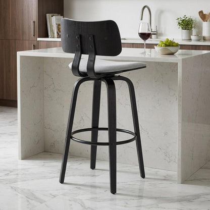 26" Light Gray And Black Fabric And Wood Low Back Counter Height Swivel Bar Chair HomeRoots