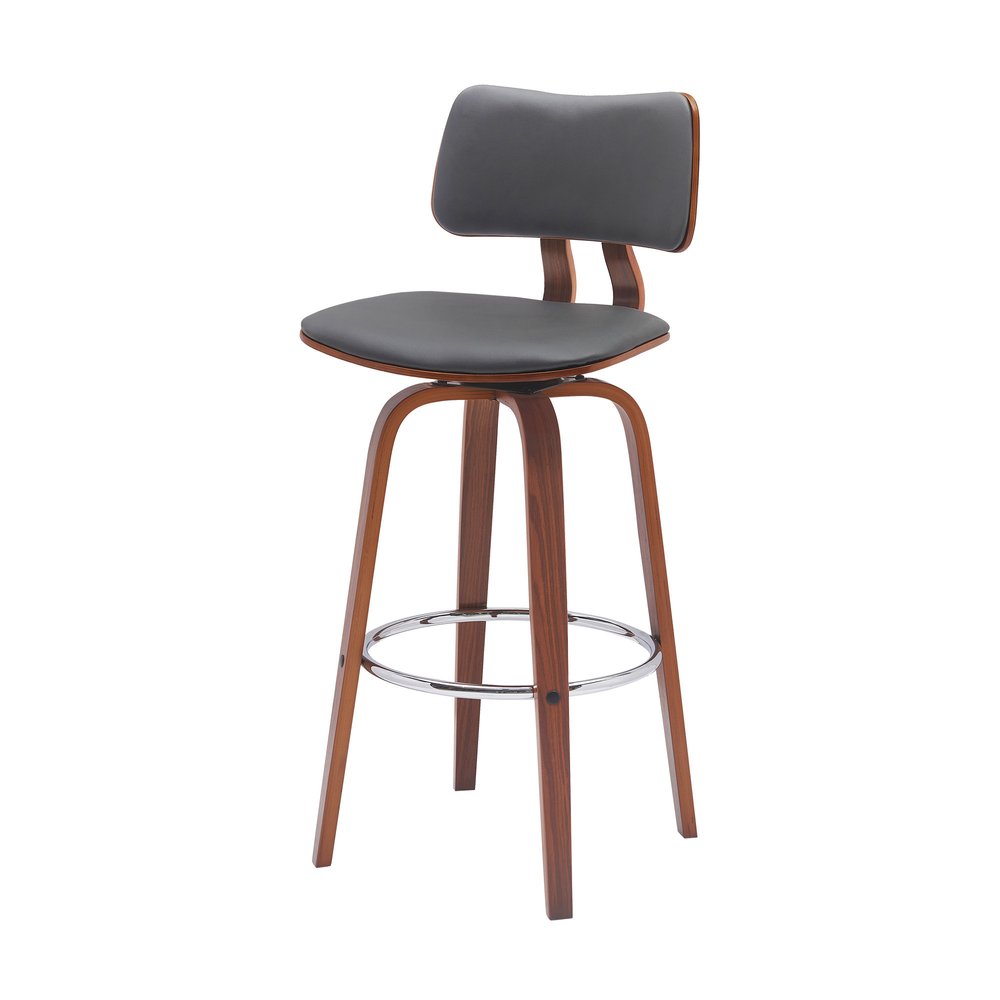 30" Gray And Brown Faux Leather And Fabric And Wood Low Back Bar Height Swivel Bar Chair HomeRoots