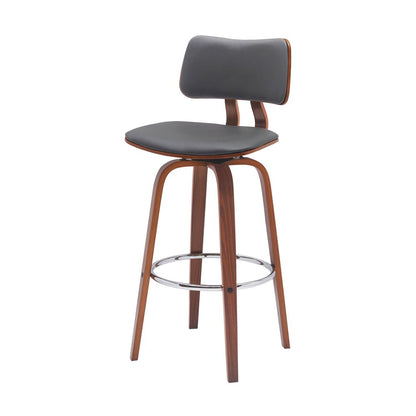 30" Gray And Brown Faux Leather And Fabric And Wood Low Back Bar Height Swivel Bar Chair HomeRoots
