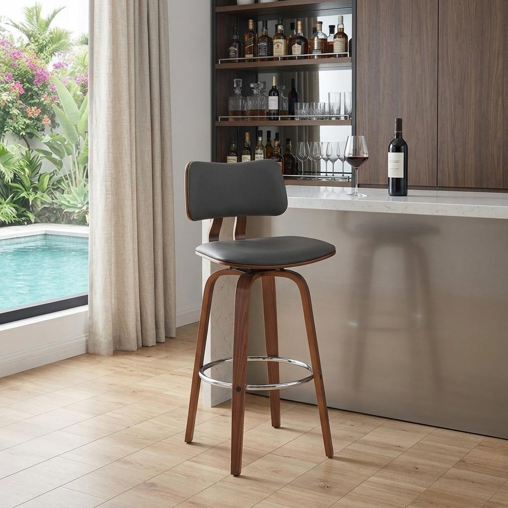 30" Gray And Brown Faux Leather And Fabric And Wood Low Back Bar Height Swivel Bar Chair HomeRoots