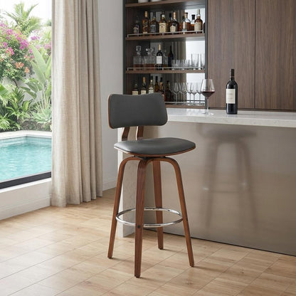 30" Gray And Brown Faux Leather And Fabric And Wood Low Back Bar Height Swivel Bar Chair HomeRoots