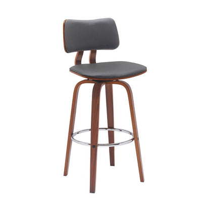 30" Gray And Brown Faux Leather And Fabric And Wood Low Back Bar Height Swivel Bar Chair HomeRoots