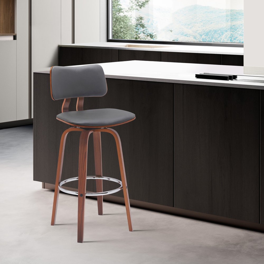 30" Gray And Brown Faux Leather And Fabric And Wood Low Back Bar Height Swivel Bar Chair HomeRoots