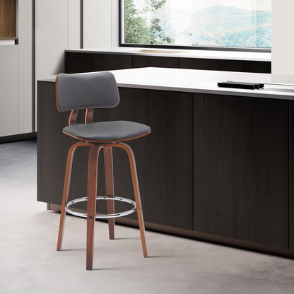30" Gray And Brown Faux Leather And Fabric And Wood Low Back Bar Height Swivel Bar Chair HomeRoots