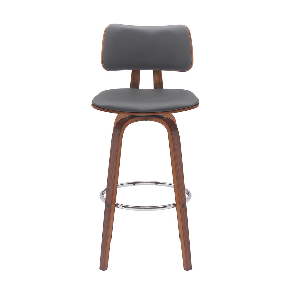 30" Gray And Brown Faux Leather And Fabric And Wood Low Back Bar Height Swivel Bar Chair HomeRoots