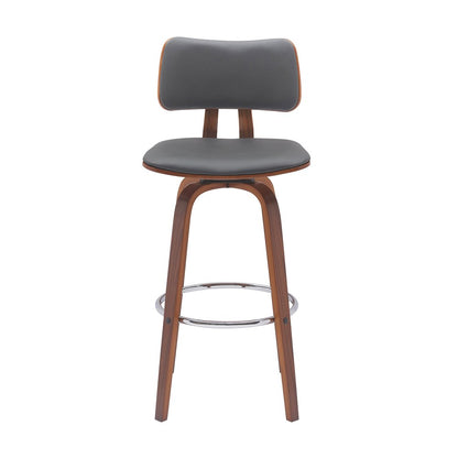 30" Gray And Brown Faux Leather And Fabric And Wood Low Back Bar Height Swivel Bar Chair HomeRoots