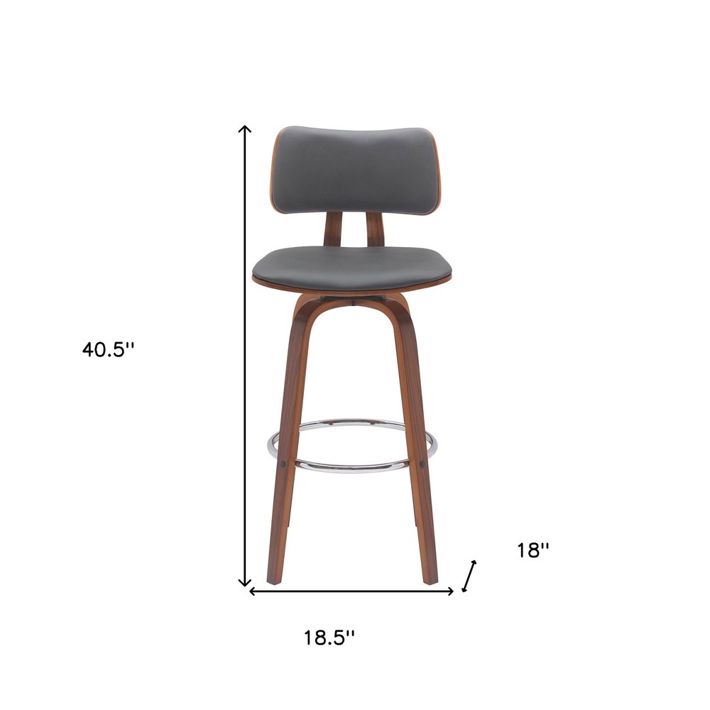 30" Gray And Brown Faux Leather And Fabric And Wood Low Back Bar Height Swivel Bar Chair HomeRoots