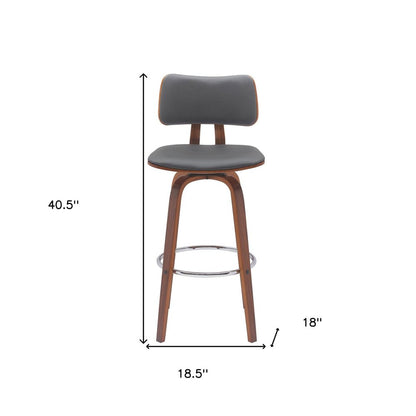 30" Gray And Brown Faux Leather And Fabric And Wood Low Back Bar Height Swivel Bar Chair HomeRoots