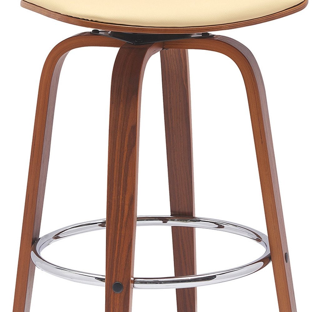 30" Cream And Brown Faux Leather And Fabric And Wood Low Back Bar Height Swivel Bar Chair HomeRoots