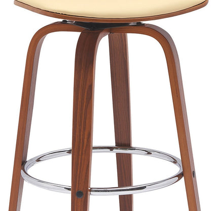 30" Cream And Brown Faux Leather And Fabric And Wood Low Back Bar Height Swivel Bar Chair HomeRoots